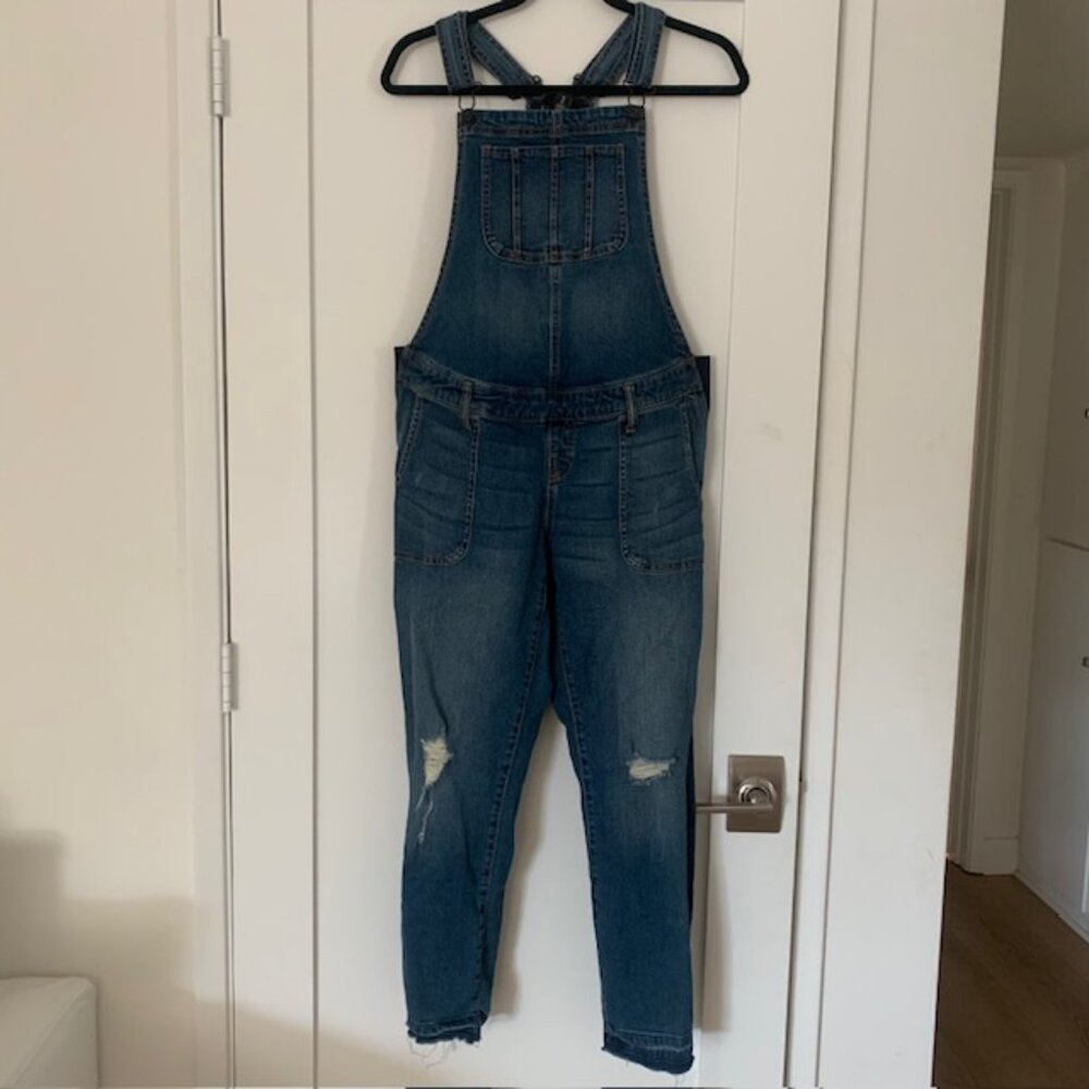 Indigo Blue Stretchy Maternity Denim Overalls Distressed Comfort Fit Size M